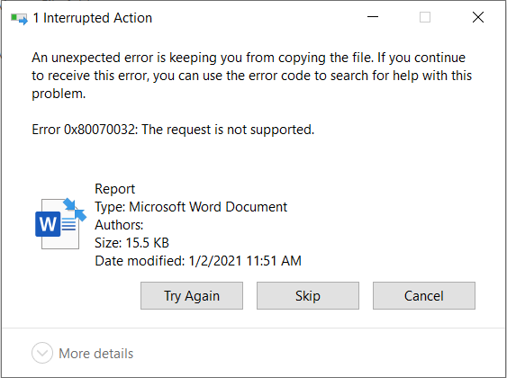 An unexpected error is keeping you from copying the file