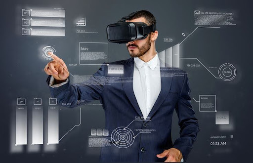 A business professional wearing a VR headset interacting with a virtual interface, representing AR and VR design solutions and immersive digital technology.
